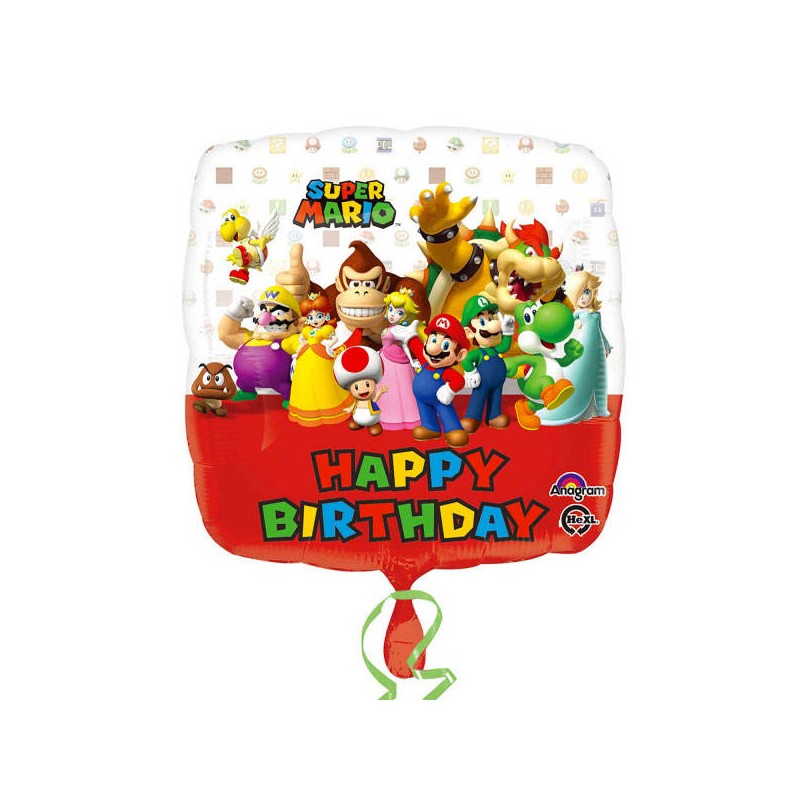 PALLONE MYLAR SUPER MARIO BROS HAPPY BIRTHDAY QUADRATO 17 43cm C/FILO E PESETTO