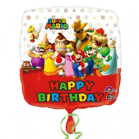 PALLONE MYLAR SUPER MARIO BROS HAPPY BIRTHDAY QUADRATO 17 43cm C/FILO E PESETTO