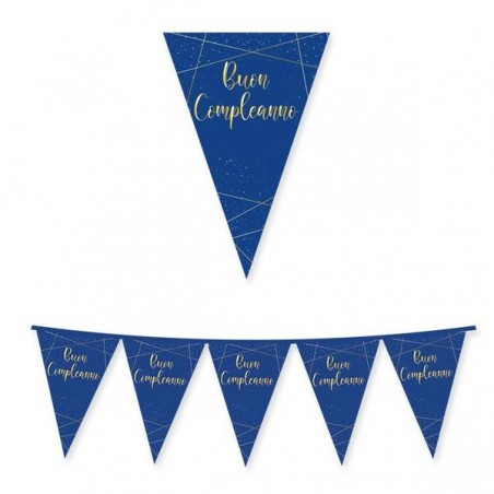 FESTONE BANDIERINE IN CARTA  BUON COMPLEANNO  BLU ORO 3mt