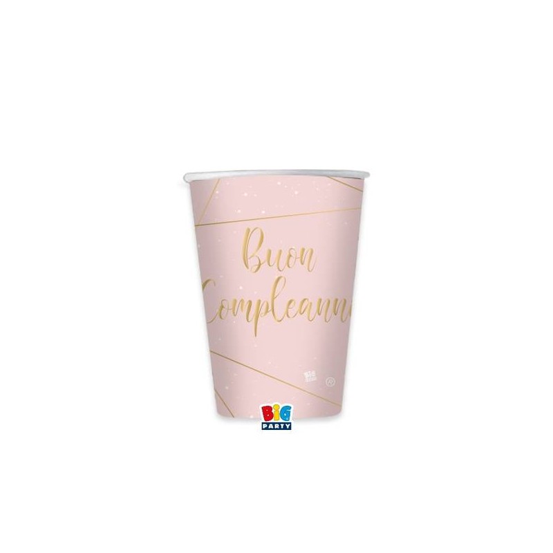 BICCHIERI BUON COMPLEANNO ROSA E  GOLD 200cc 8pz