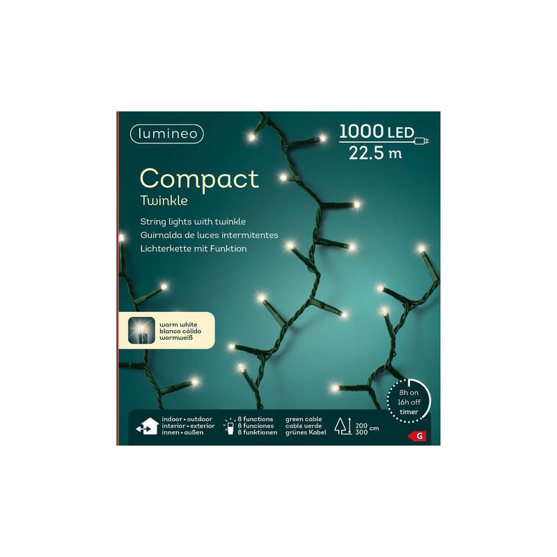 LED COMPACT 1000 LUCI 22,5mt INTERMITTENTI FILO VERDE INT/EST LUCI BIANCO CALDO