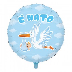 PALLONE MYLAR TONDO 45cm CICOGNA NUVOLA CELESTE