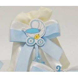 SACCHETTO LINO C/APPLICAZIONE CULLA E NASTRINO AZZURRO 5pz