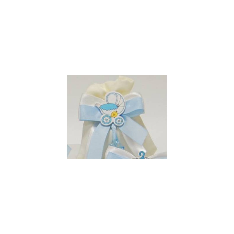 SACCHETTO LINO C/APPLICAZIONE CULLA E NASTRINO AZZURRO 5pz