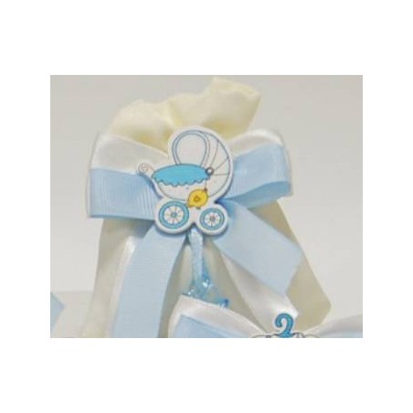 SACCHETTO LINO C/APPLICAZIONE CULLA E NASTRINO AZZURRO 5pz