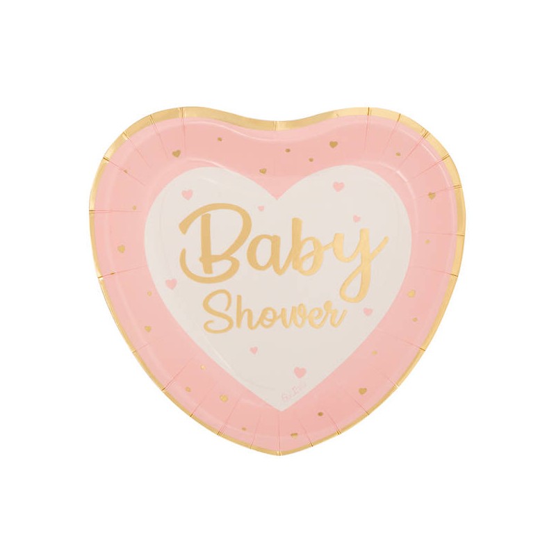 PIATTI CUORE BABY SHOWER ROSA/ORO 23x21cm 8pz
