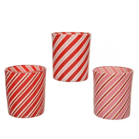 VASO VETRO PORTA TEALIGHT STRIPES GLITTER ROSSO-ORO ø7x8,2cm 3ass 1pz