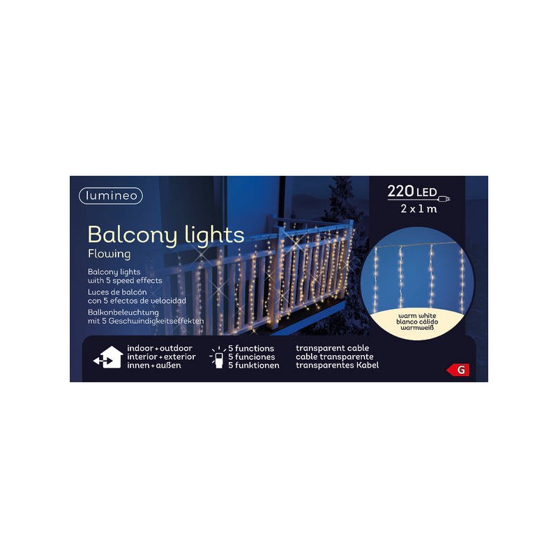 LUCE PER BALCONE 220 LED 2x1mt - BIANCO CALDO - FILO TRASP- 5 FUNZ.