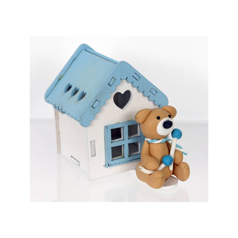 CASETTA LEGNO CON ORSETTO COLORE AZZURRO 6pz