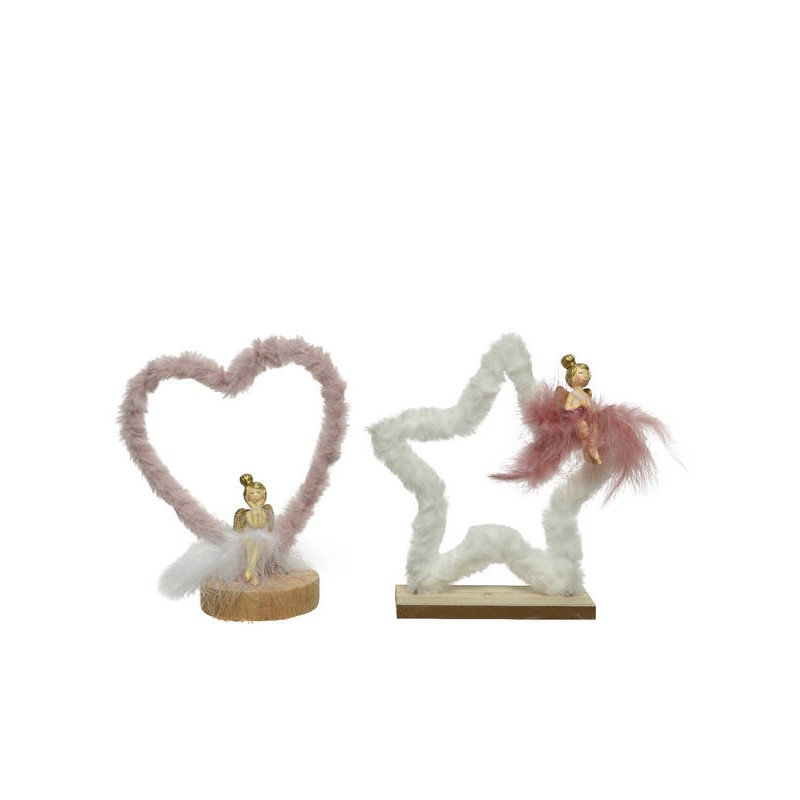 FIGURA FATINA CON PIUME E BASE LEGNO MDF 16x17cm 2ass 1pz