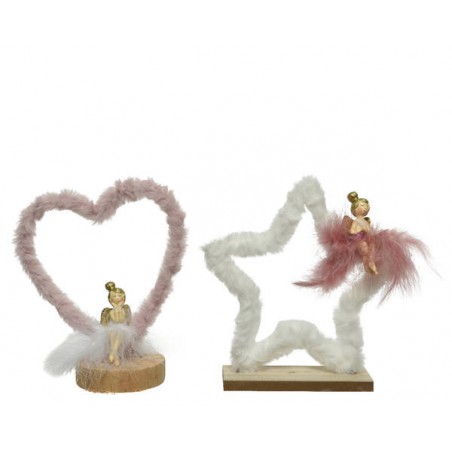 FIGURA FATINA CON PIUME E BASE LEGNO MDF 16x17cm 2ass 1pz