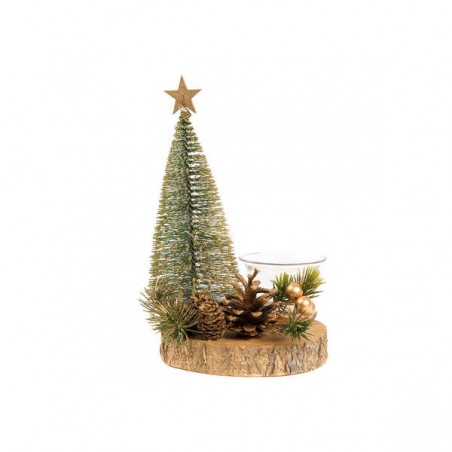 PORTA 1 TEALIGHT CON ALBERO H.21cm BASE LEGNO ORO