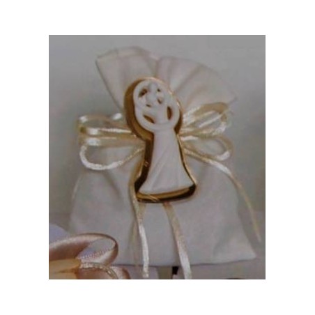 SACCHETTO LINO AVORIO C/COPPIA SPOSI ORO PLEXI 6pz