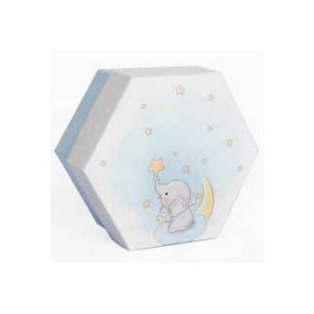 SCATOLA ESAGONALE C/DIVISORE INT. DUE SCOMPARTI 8x8x4cm 10pz ELEFANTE CELESTE