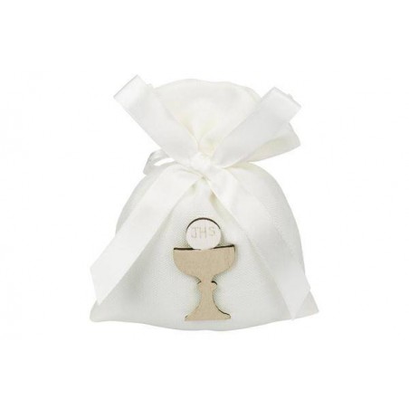 SACCHETTO BIANCO TRAMA LINO CON CALICE LEGNO 10x13cm 10pz
