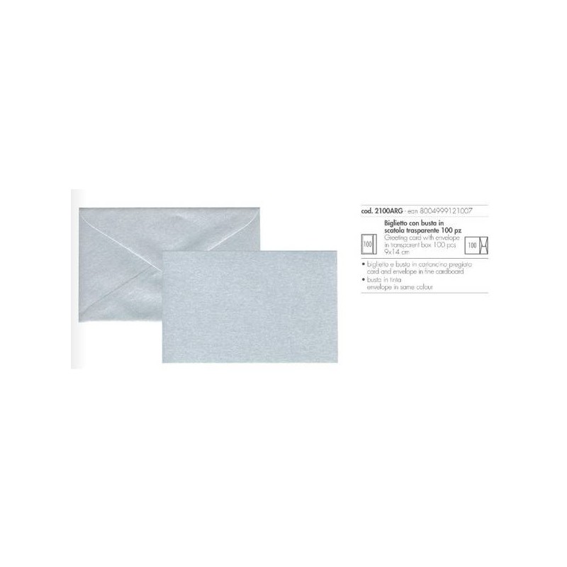 BIGLIETTI + BUSTA 9x14cm PREGIATO ARGENTO 100pz