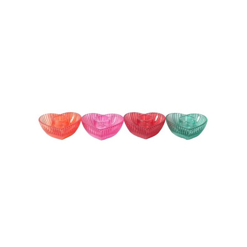 PORTA CANDELE A CUORE IN VETRO COLORI ASSORTITI 9cm 1pz