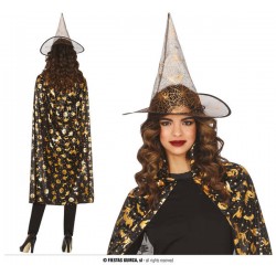 SET MANTELLO E CAPPELLO 110cm STREGA ADULTA DETTAGLI ORO