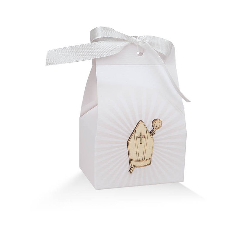 SCATOLINA CRESIMA CON APPL.  LEGNO 6x3,5x8cm BIANCA 10pz