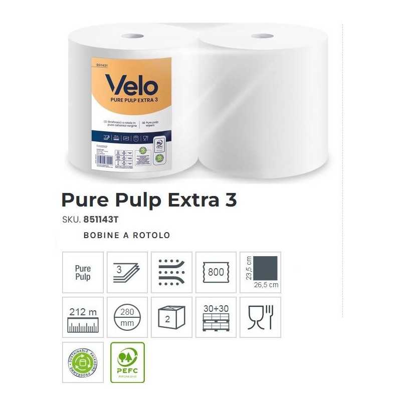 VELO BOBINA PURE PULP EXTRA 3 VELI 200mt 800 STRAPPI 2 ROTOLI
