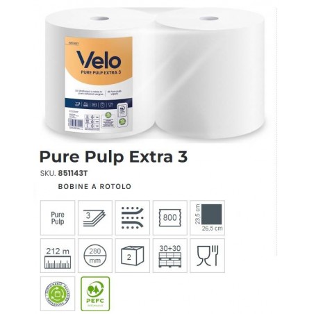 VELO BOBINA PURE PULP EXTRA 3 VELI 200mt 800 STRAPPI 2 ROTOLI
