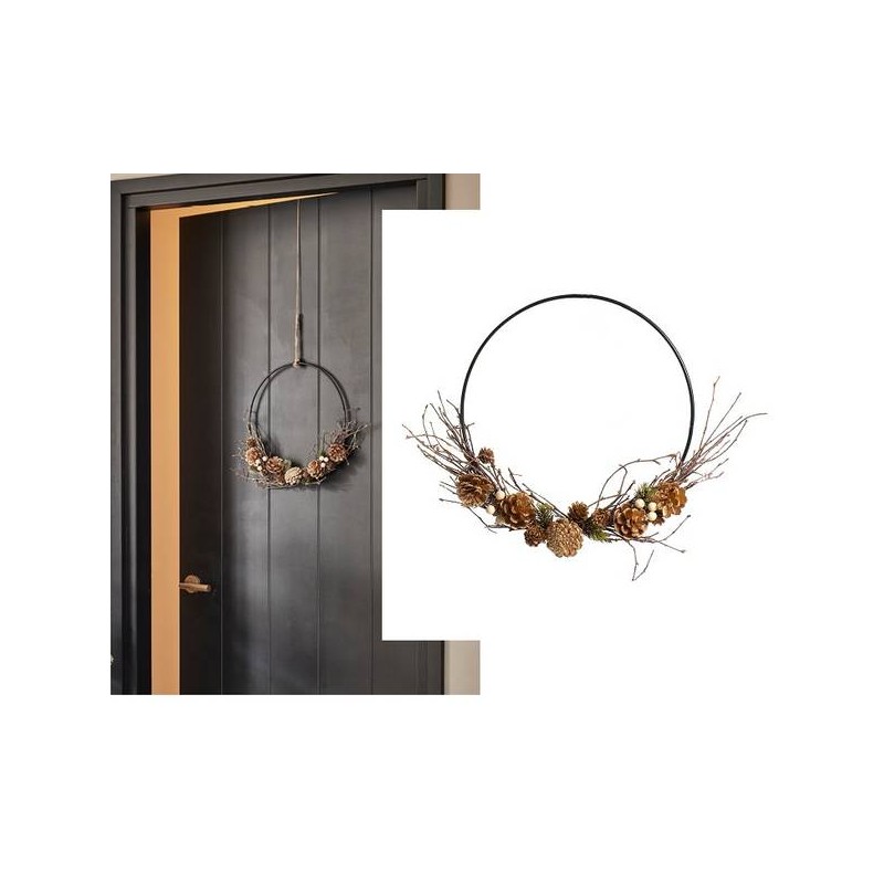 CERCHIO METALLO CON PIGNE ORO E BACCHE BIANCHE ø35cm