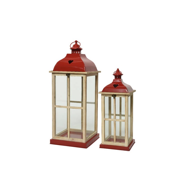 LANTERNA IN LEGNO ROSSO E NATURAL misura grande 25,5x25,5x66cm SET 1pz