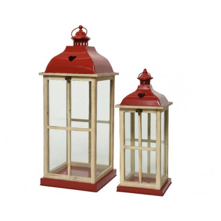 LANTERNA IN LEGNO ROSSO E NATURAL misura grande 25,5x25,5x66cm SET 1pz