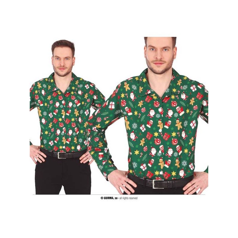 CAMICIA VERDE CON STAMPA BABBO NATALE TG.L 52-54