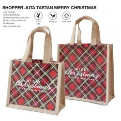 BORSA JUTA CON SOFFIETTO TARTAN MERRY CHRISTMAS 22+12x19cm