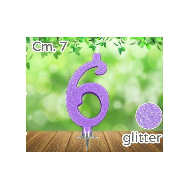 CANDELINA NUMERO 6 LILLA GLITTER 7cm