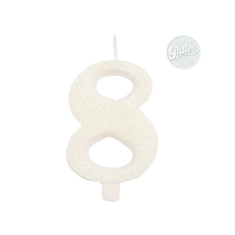 CANDELINA NUMERO 8 GLITTER BIANCA 9,5cm