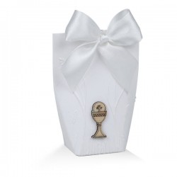 SCATOLA BUSTINA COMUNIONE CON APPL. CALICE LEGNO 6x3,5x8cm BIANCA 10pz