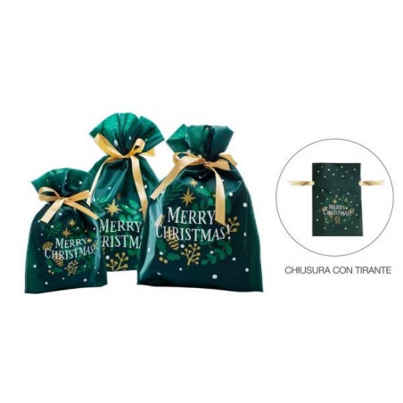 SACCHETTO TNT C/LACCIO STAMPA MERRY CHRISTMAS 20x30cm VERDE BOSCO 10pz