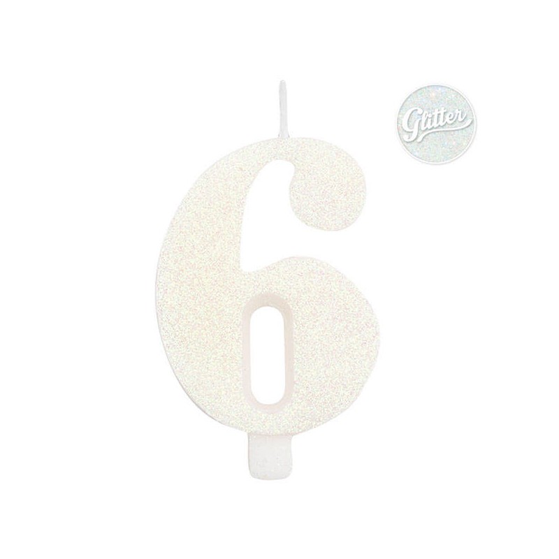 CANDELINA NUMERO 6 GLITTER BIANCA 9,5cm