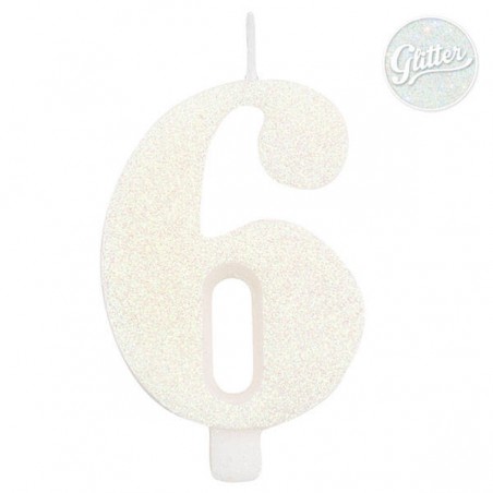 CANDELINA NUMERO 6 GLITTER BIANCA 9,5cm