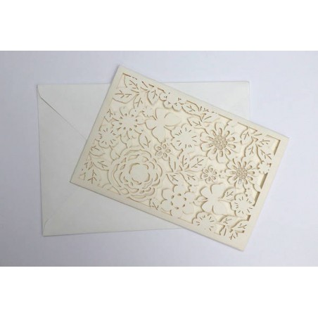 PARTECIPAZIONE +BUSTA LASER RICAMO FIORI AVORIO 12x18