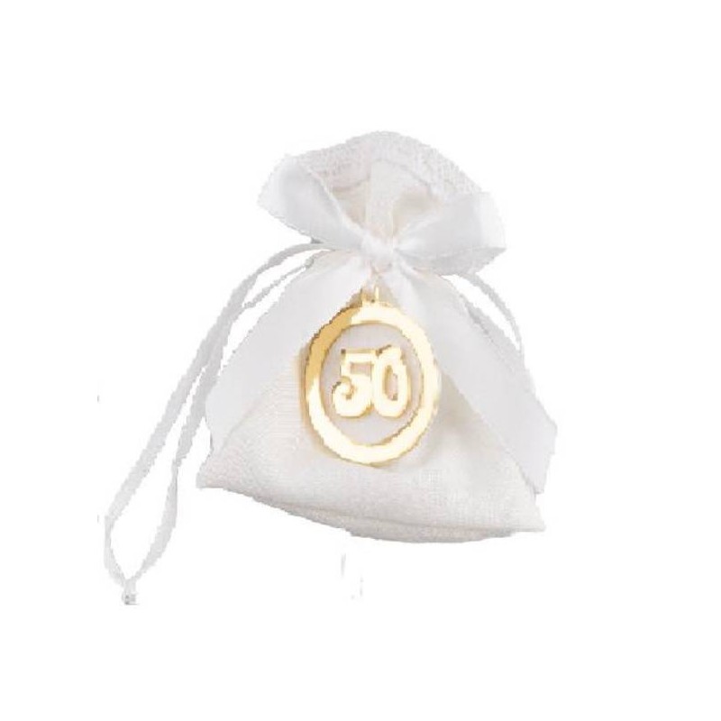 SACCHETTO COTONE BIANCO H.11 C/ APPLICAZIONE 50° PLEXI ORO 12pz