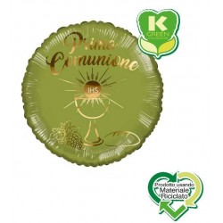 PALLONE MYLAR TONDO PRIMA COMUNIONE VERDE OLIVA GOLD K-GREEN 18 43cm