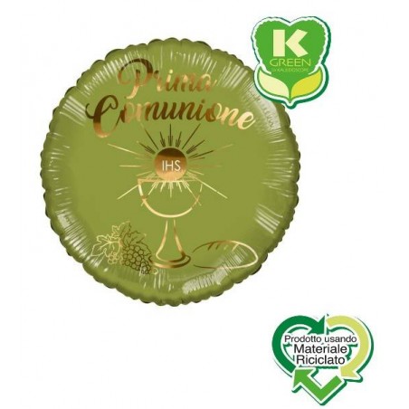 PALLONE MYLAR TONDO PRIMA COMUNIONE VERDE OLIVA GOLD K-GREEN 18 43cm