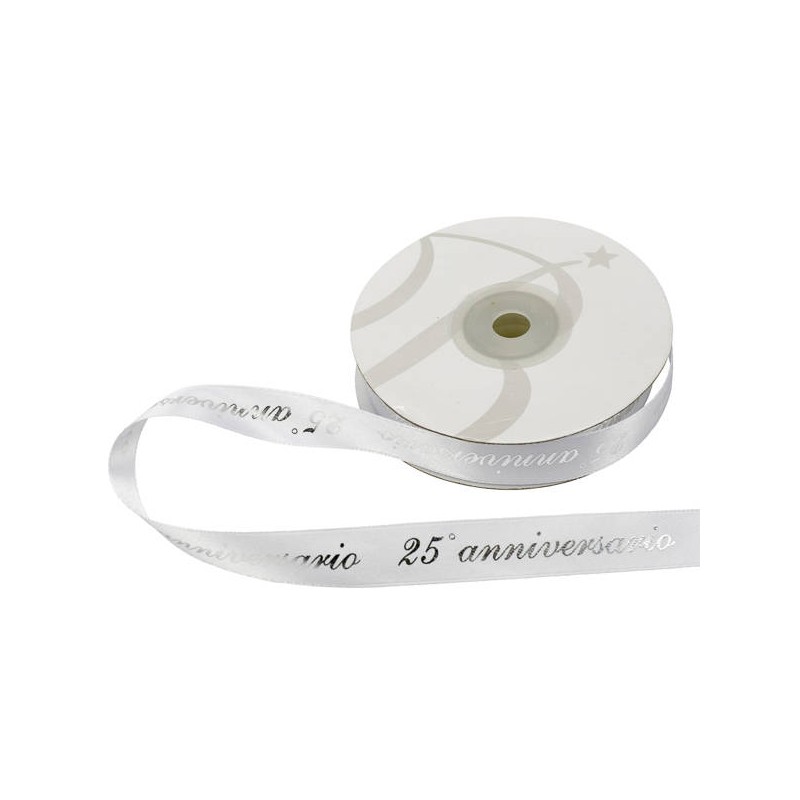 NASTRO RASO mm15x25mt 25° ANNIVERSARIO BIANCO-ARG