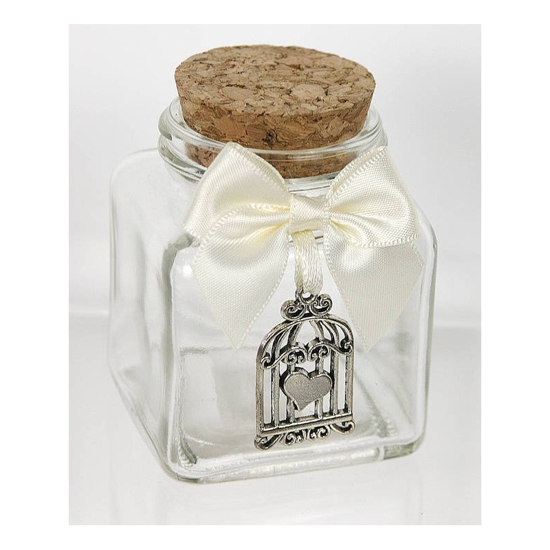 BARATTOLINO VETRO 5x5x6cm CON FIOCCO E GABBIETTA METALLO 1pz