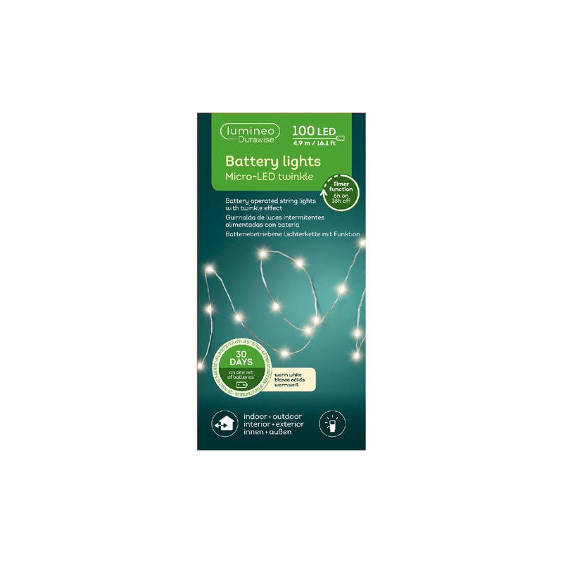 MICRO LED STRINGLIGHT 8 FUNZIONI TWINKLE 4,95mt - FILO ARGENTO LUCE CALDA ESTERNO