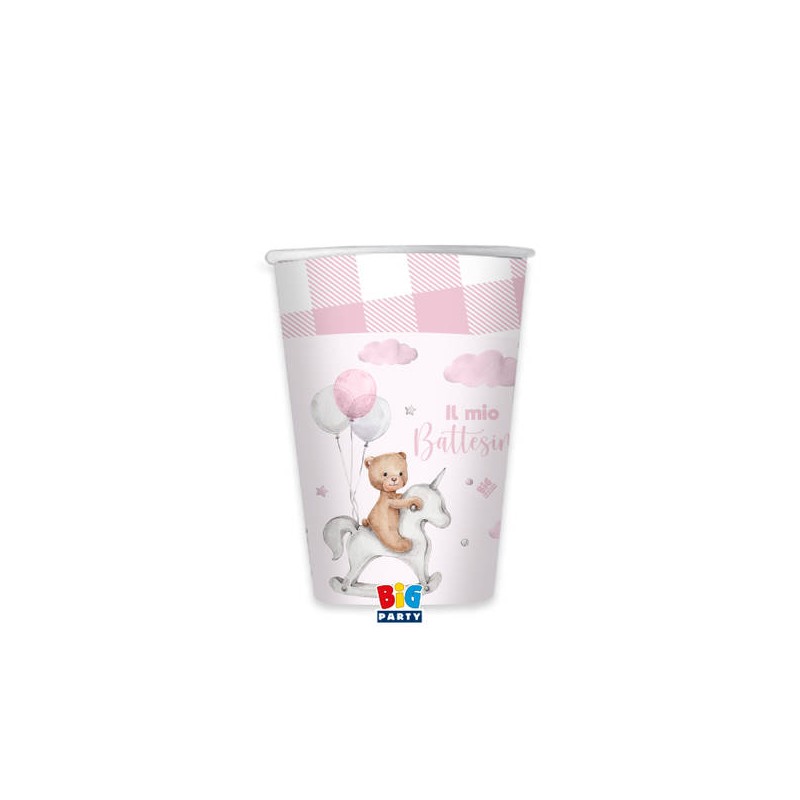 BICCHIERI 200cc BATTESIMO TEDDY BEAR ROSA 8pz