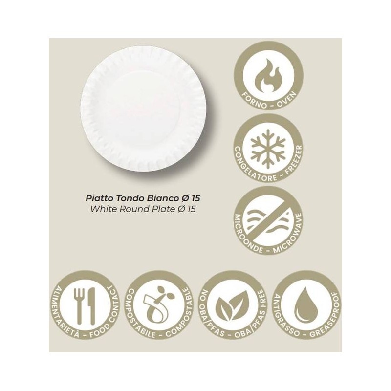 PIATTO TONDO BIANCO CARTONCINO ø15 50pz STREET FOOD