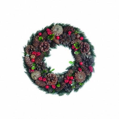 GHIRLANDA CORONA PIGNE E BACCHE ROSSE LUX Ø33