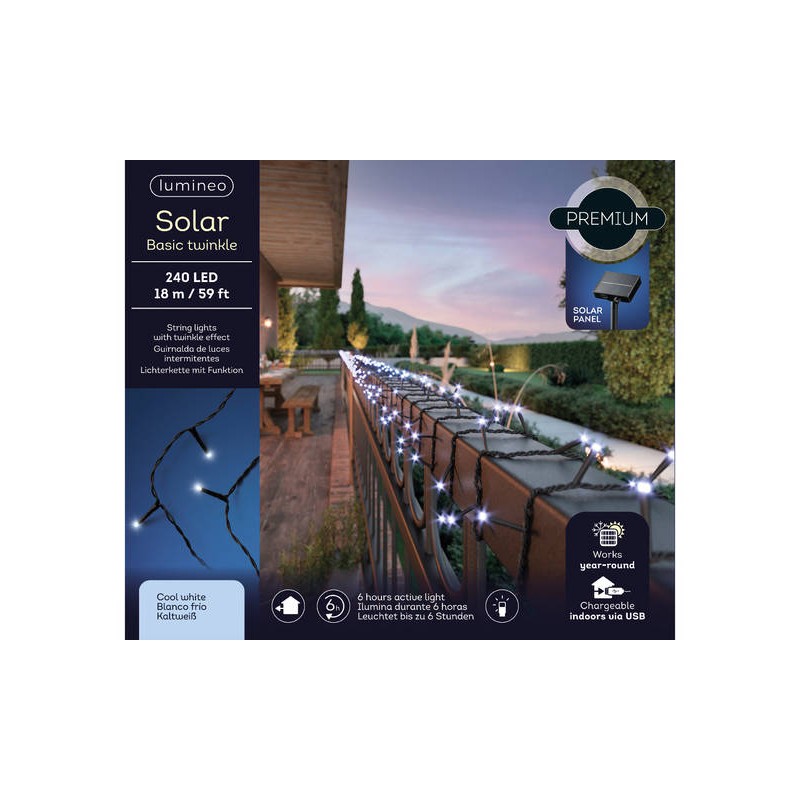 LUCI SOLARI BASIC 1800cm 240 LED  8 FUNZIONI TWINKLE FILO NERO LUCE FREDDA