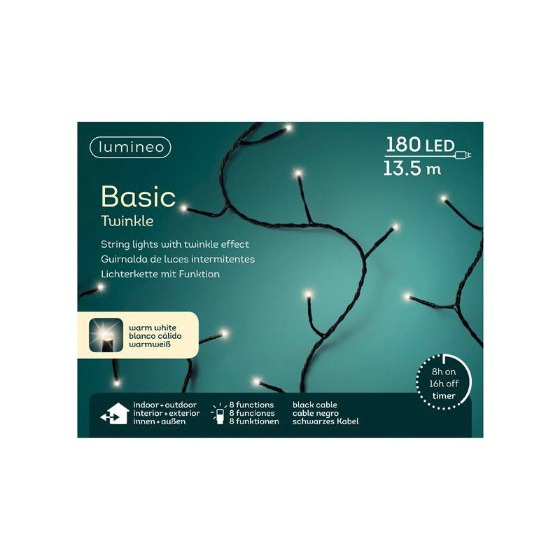 LUCI 180 LED 1350cm FILO NERO - BIANCO CALDO INT/EST 8 FUNZIONI