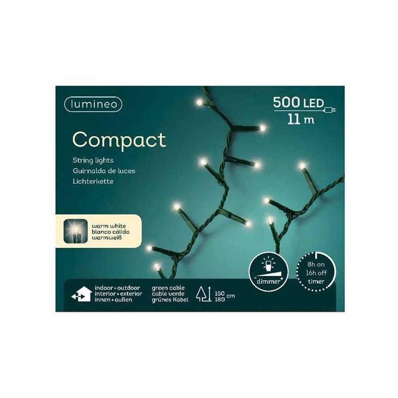 LED COMPACT 500 LUCI 11mt FILO VERDE INTERNO/ESTERNO BIANCO CALDO