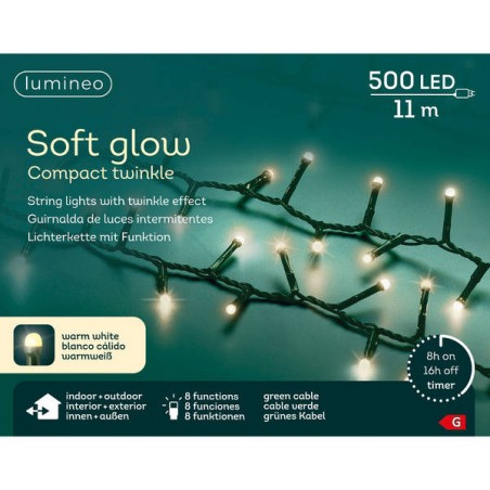 COMPACT SOFT GLOW 500 LUCI  11mt 8 FUNZIONI FILO VERDE INTERNO/ESTERNO BIANCO CALDO
